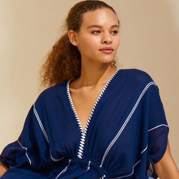 NWT Lemlem Leila Plunge Dress in Nunu Navy, Size Medium - Picture 2 of 9